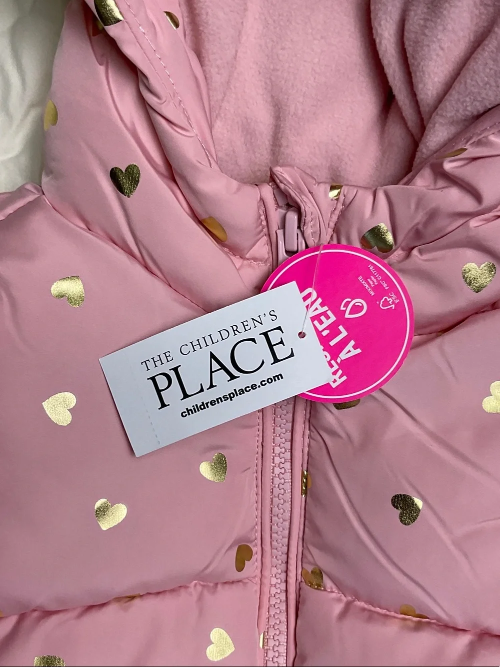 The Children's Place Pink Puffer Jacket with Gold Heart Print
